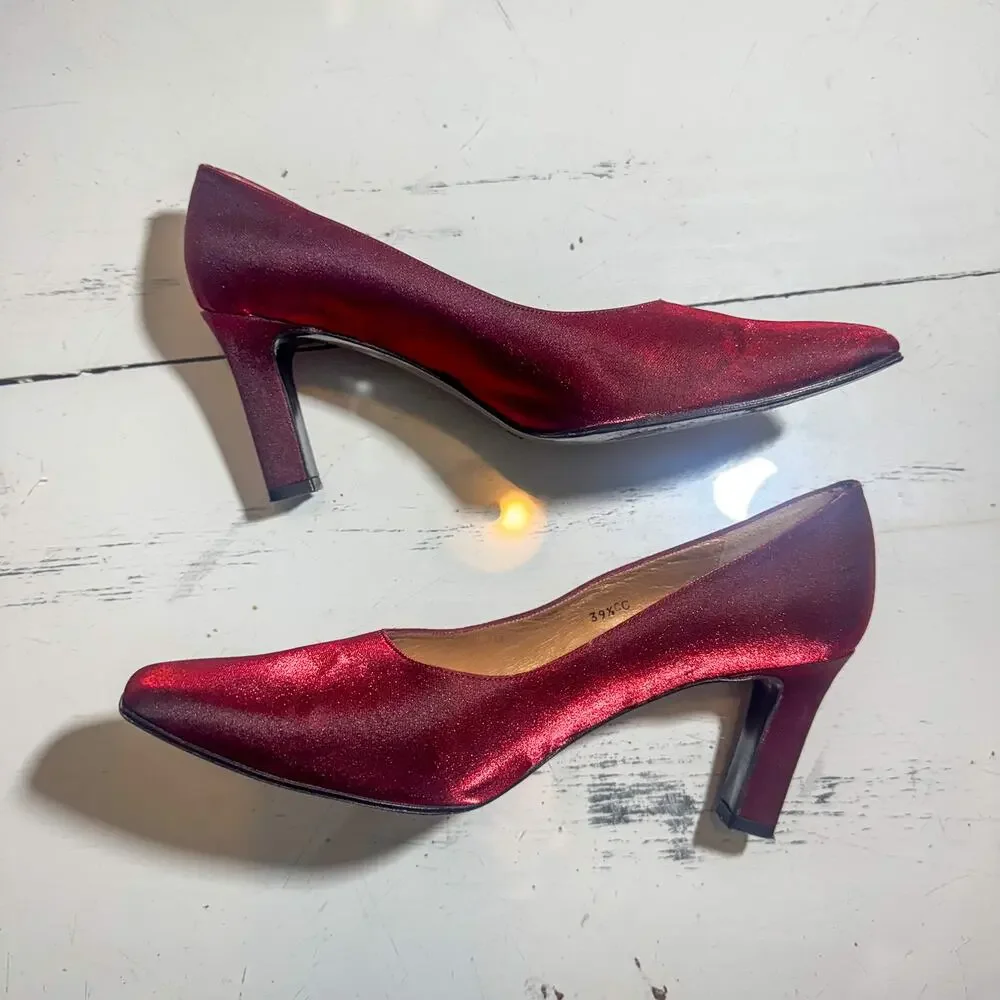 Kurt Geiger Red Shimmer Square Toe Block Heel Pumps Metallic Holiday Party 9.5
